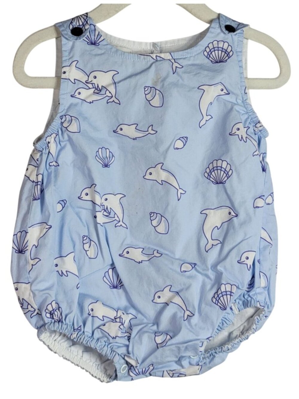 Sal y Pimenta Bubble Romper Blue 9M Sleeveless Lined Dolphins Shells Beach READ